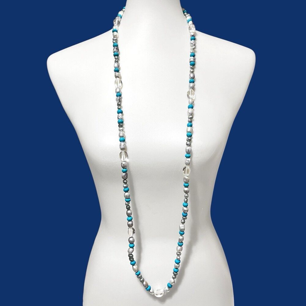 Baroque Pearl Necklace Long Rope Chunky Turquoise Blue Dyed Stone Flapper Boho